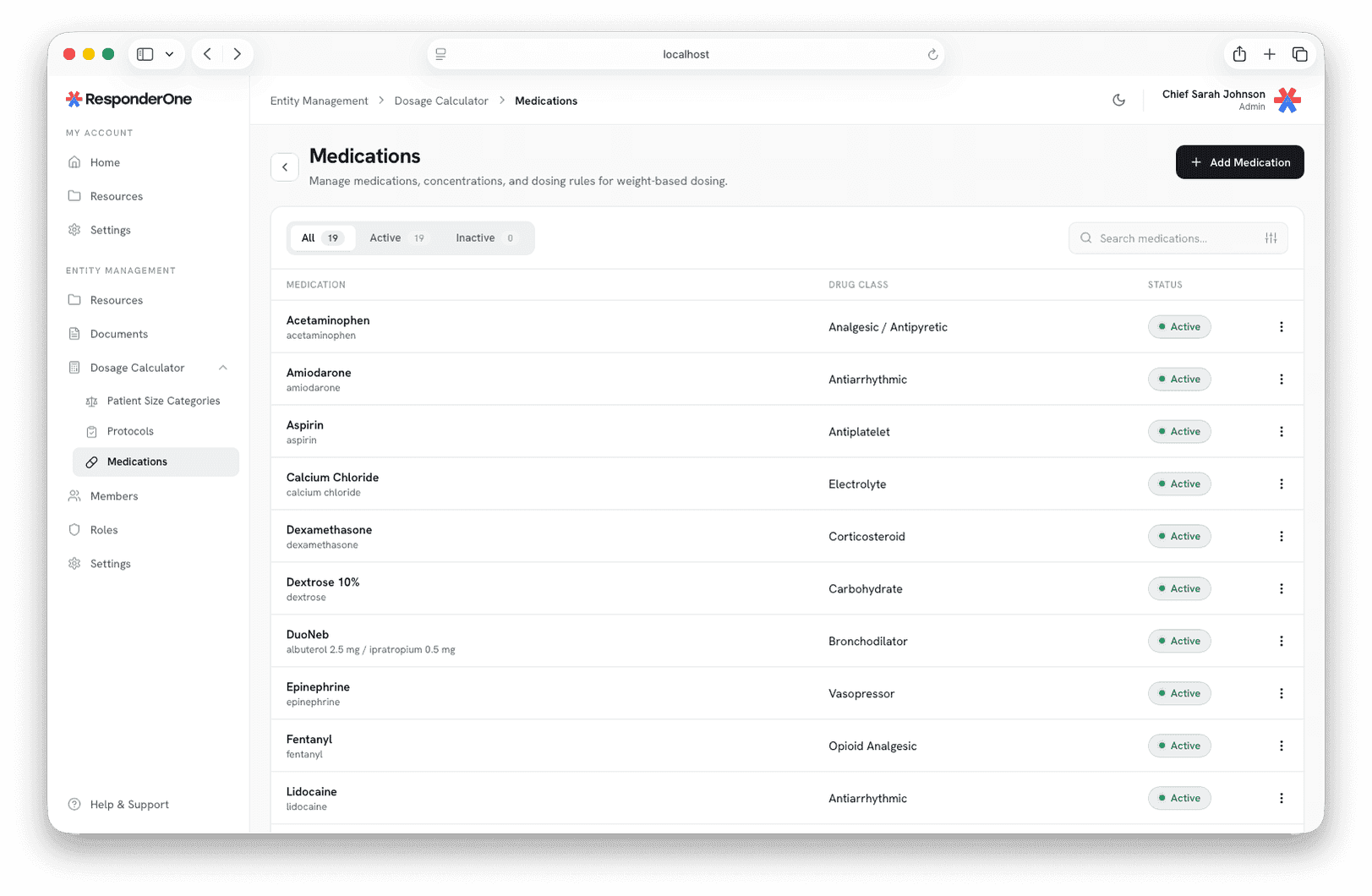 Medications list in the dashboard