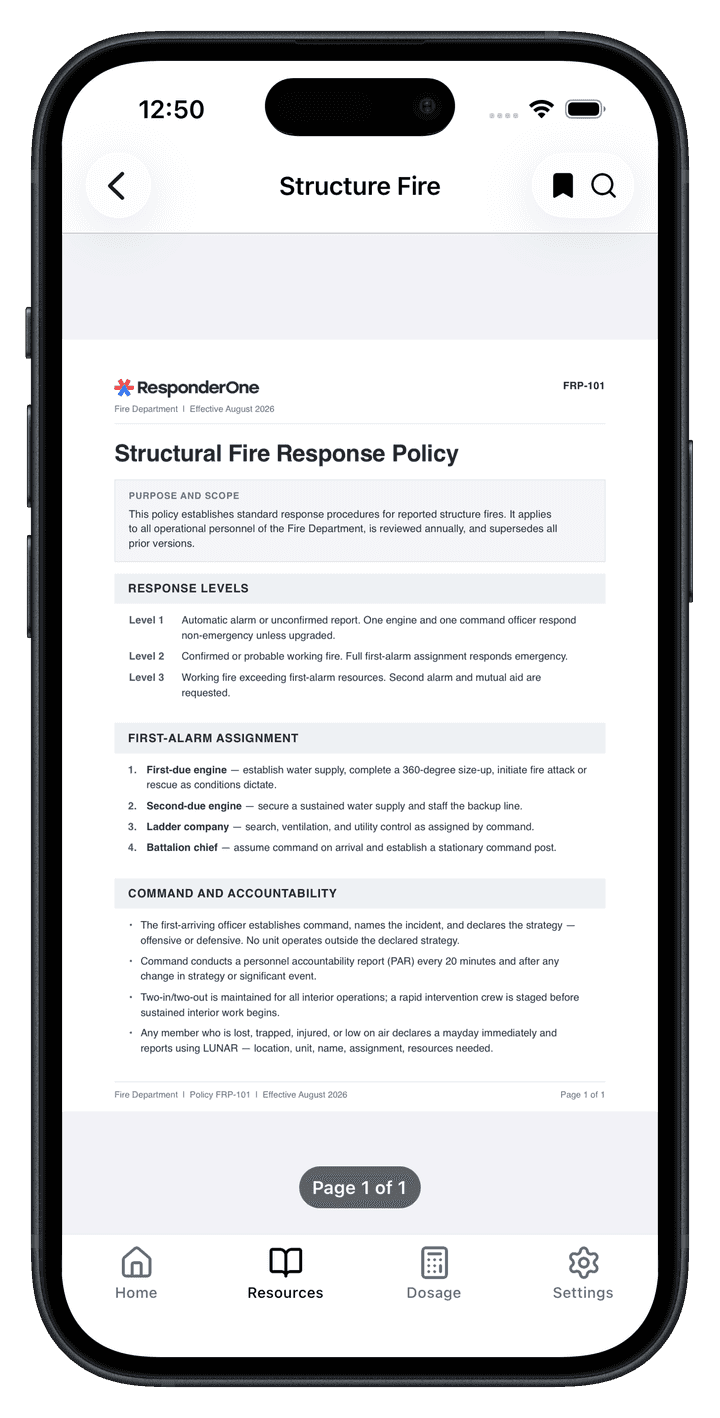 Structural fire response policy in the ResponderOne app