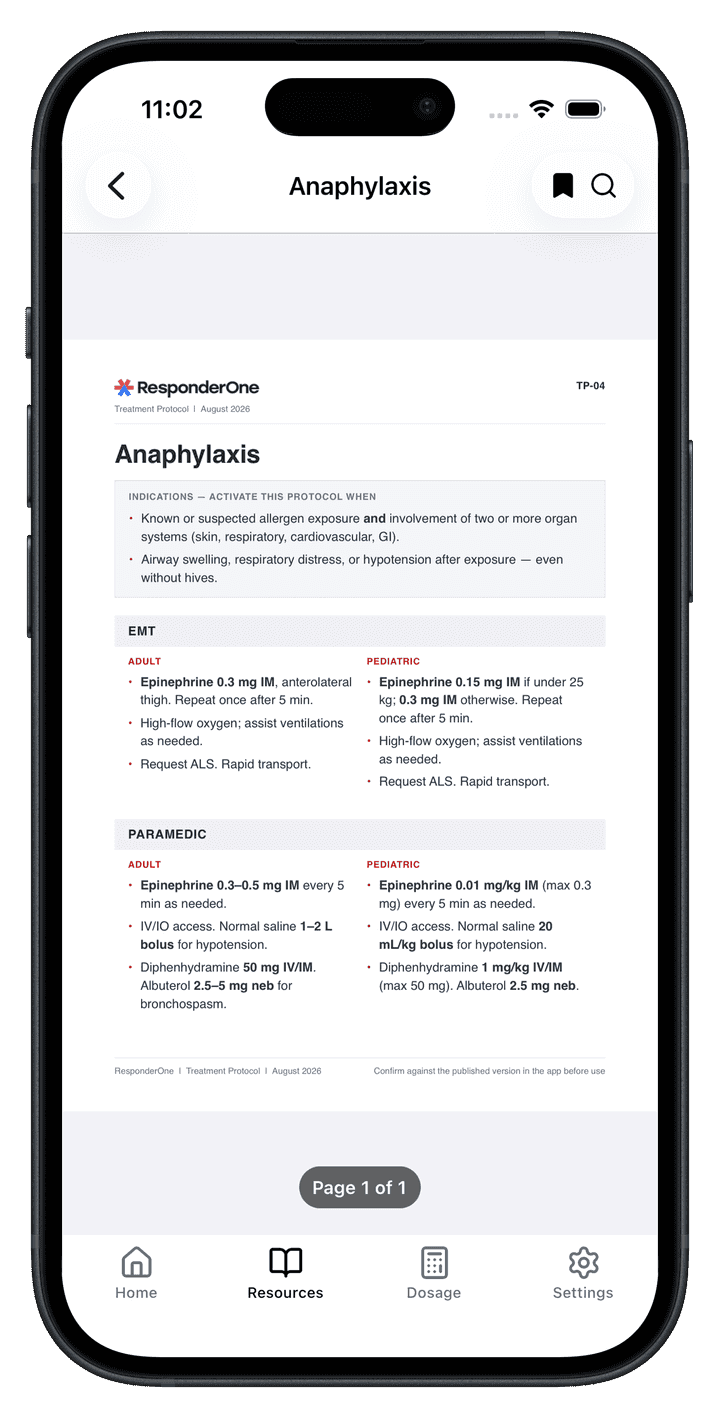 Anaphylaxis treatment protocol in the ResponderOne app