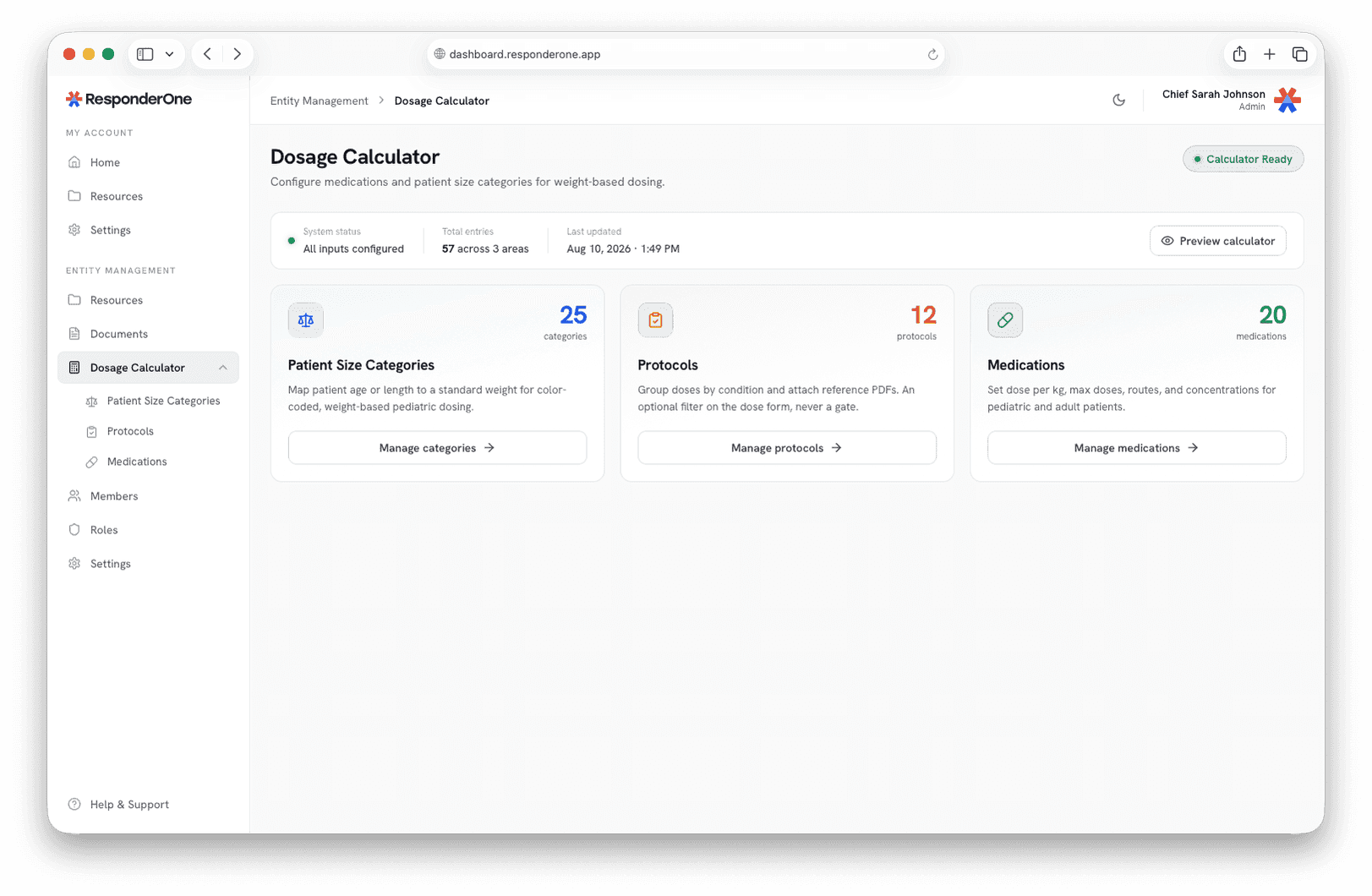 Dosage calculator overview in the dashboard